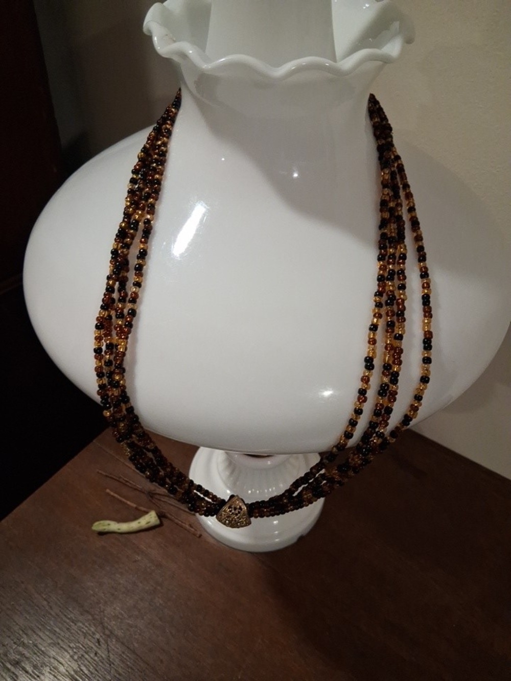 Layered Brown and Gold Seed Bead Necklace with Decorative Accent